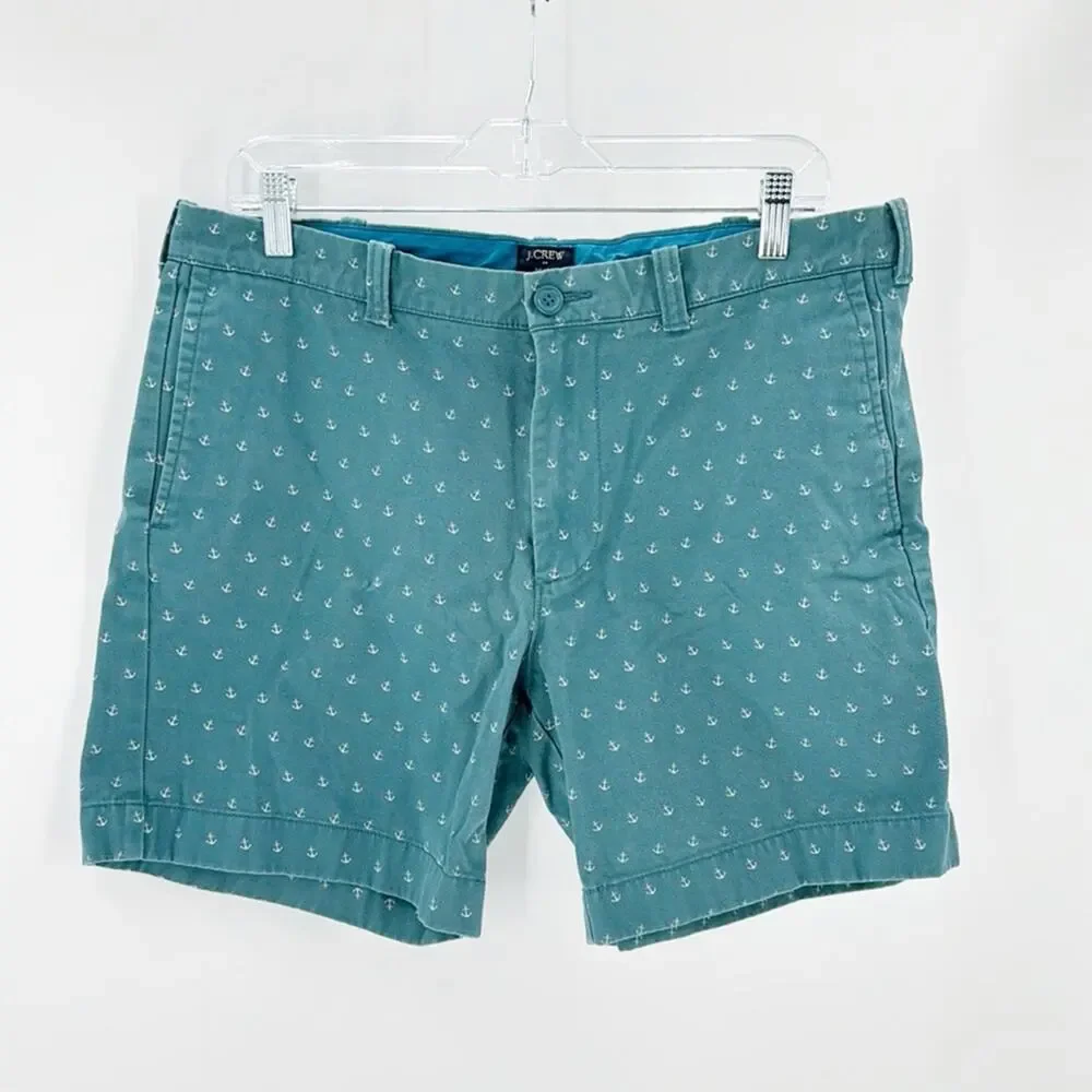 J.Crew READE Chino Short Pine Green Anchor novelty Print classic preppy size 34